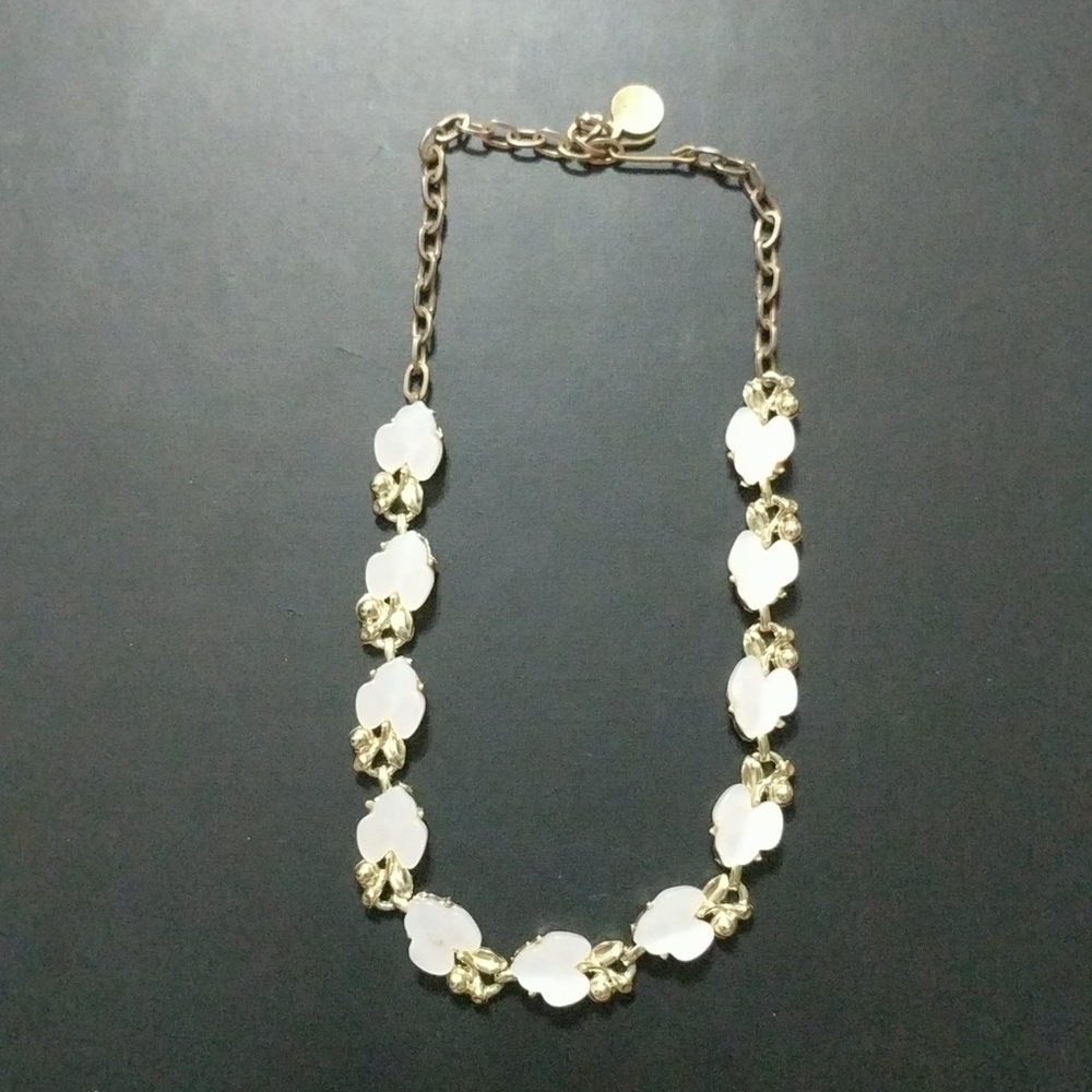 Vintage Gold Tone White Mother of Pearl Leaf Choker Statement Necklace